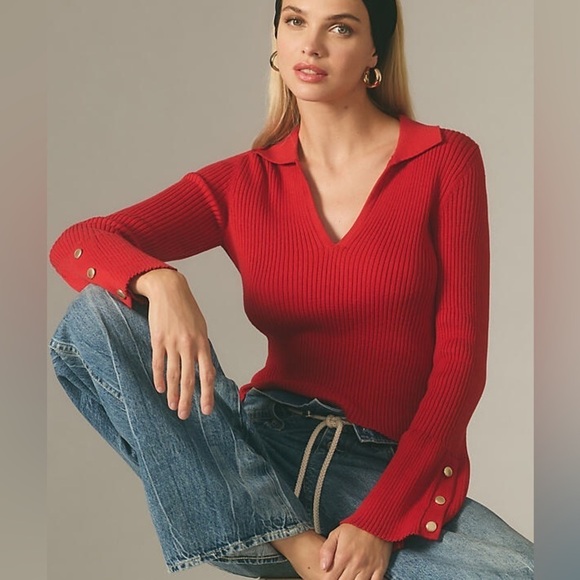 Maeve by Anthropologie Red V-Neck Trumpet Sleeve Sweater - Picture 1 of 11